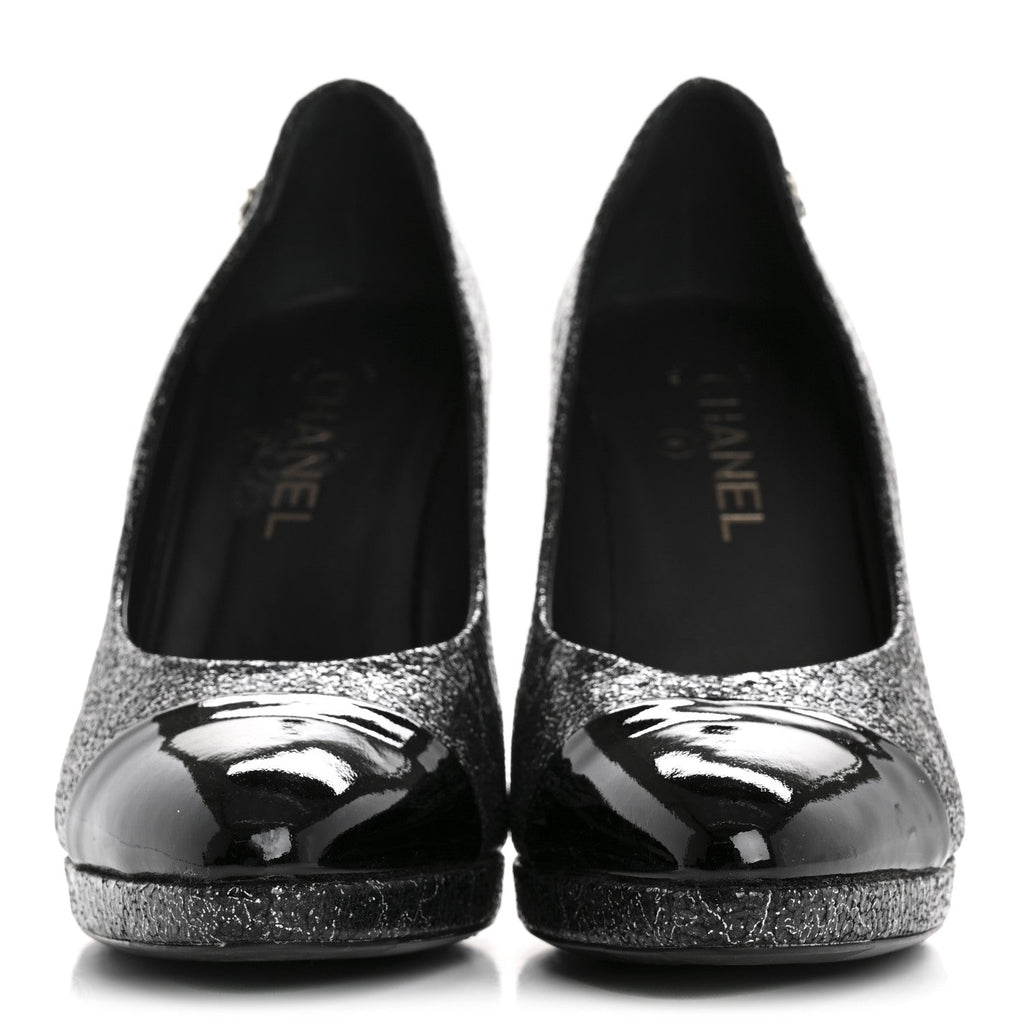 Chanel Metallic Crackled Calfskin Patent Cap Toe Women's Pumps 41 Silver Black