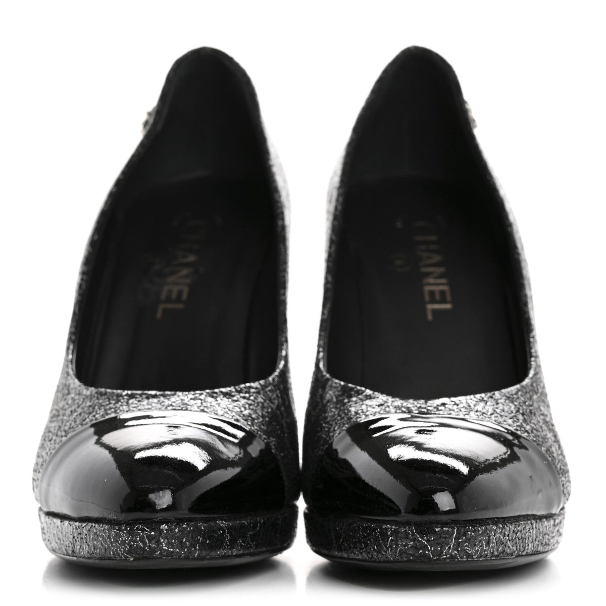 Chanel Metallic Crackled Calfskin Patent Cap Toe Women's Pumps 41 Silver Black