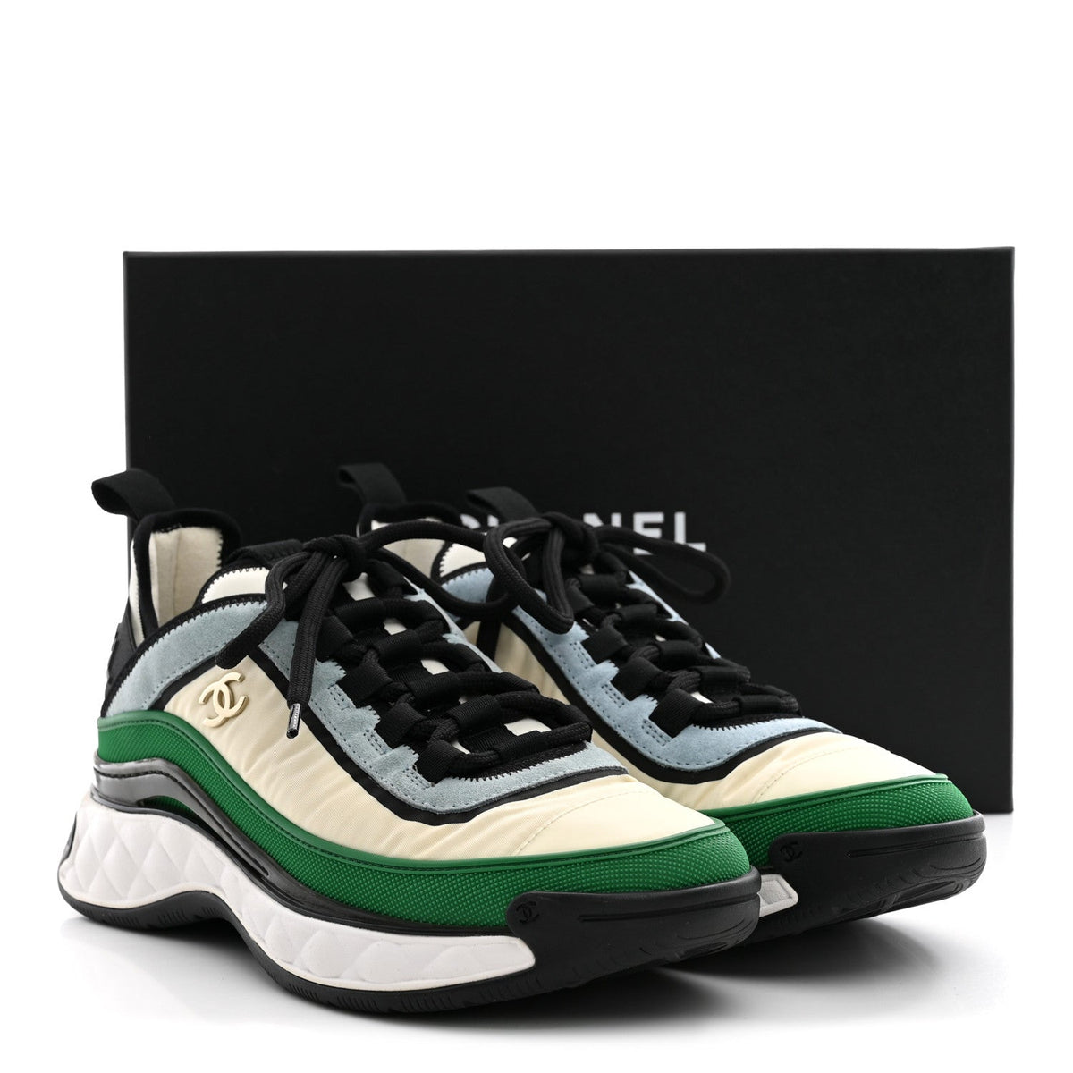 Chanel Suede Calfskin Mixed Fibers Women's CC Sneakers 39 Ivory Green Light Blue