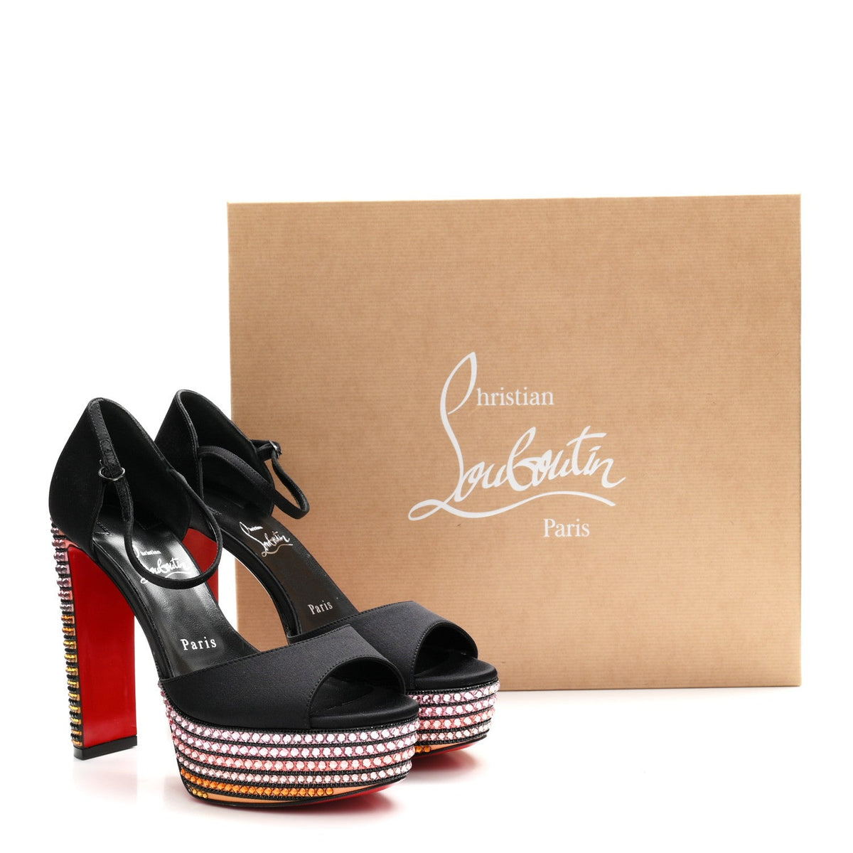 Christian Louboutin Satin Strass Women's Sandaloo Aftersun 130 Sandals 38 Black Multicolor