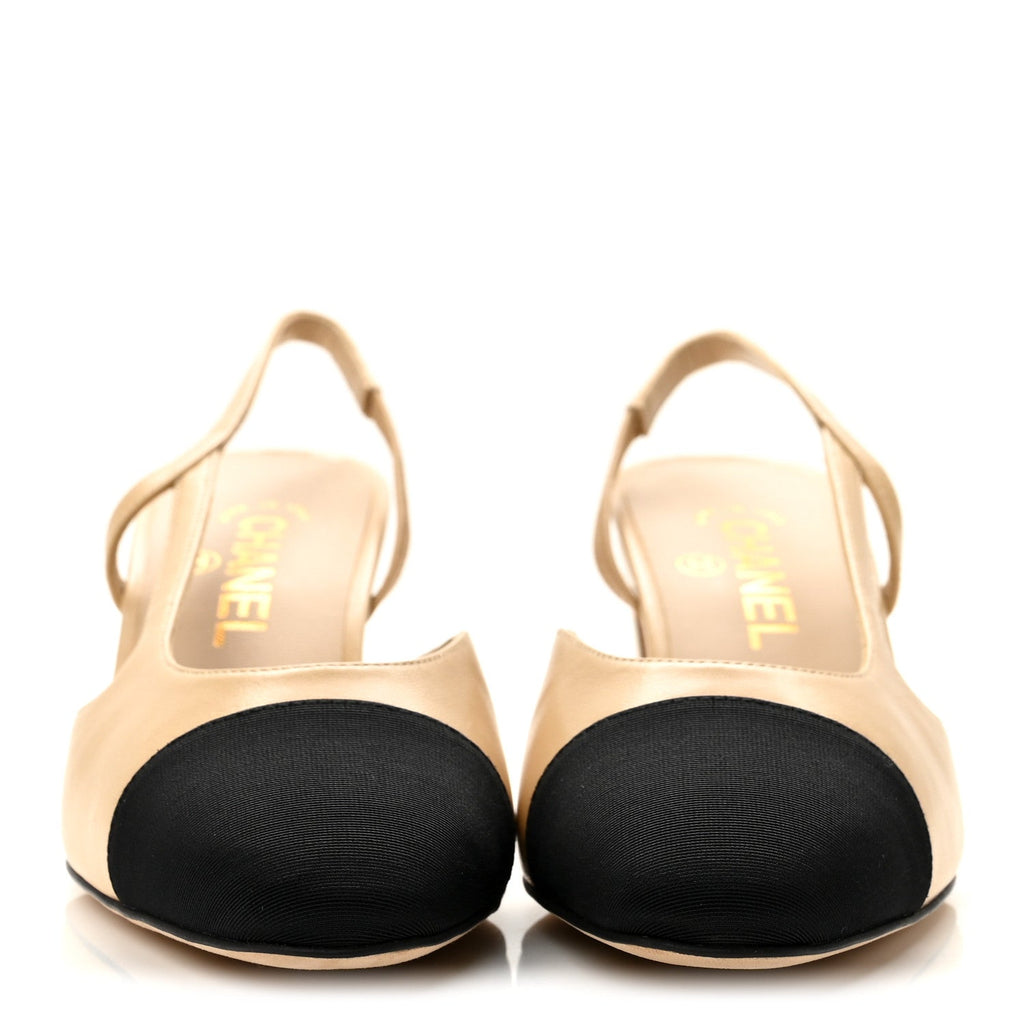 Chanel Goatskin Grosgrain CC Cap Toe Women's Slingback Pumps