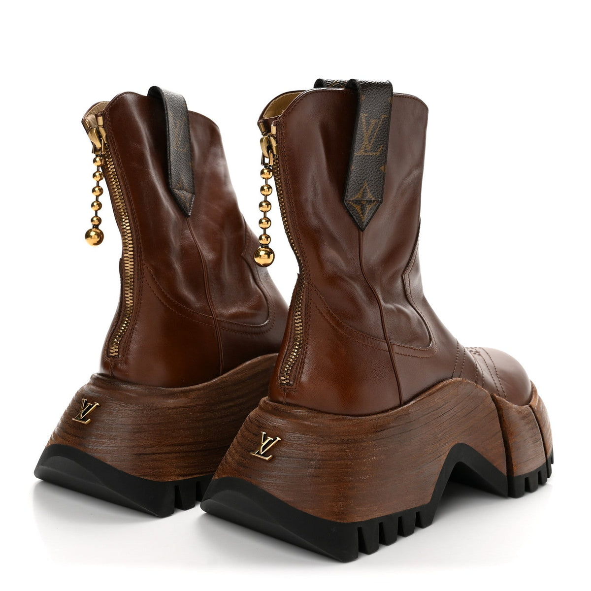 Louis Vuitton Patent Calfskin Women's LV Zoom Platform Boots 37 Brown
