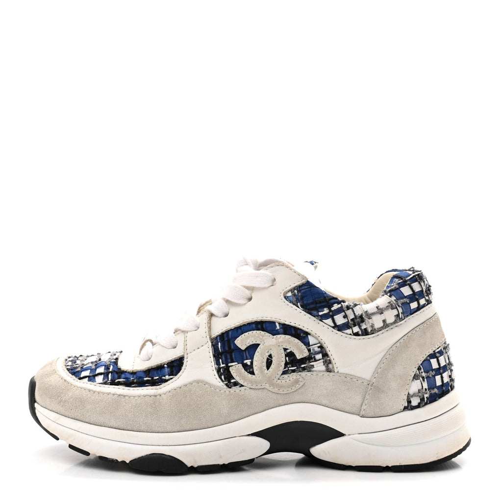 Chanel Tweed Suede Calfskin Women's CC Sneakers 37 Dark Blue Black Grey White