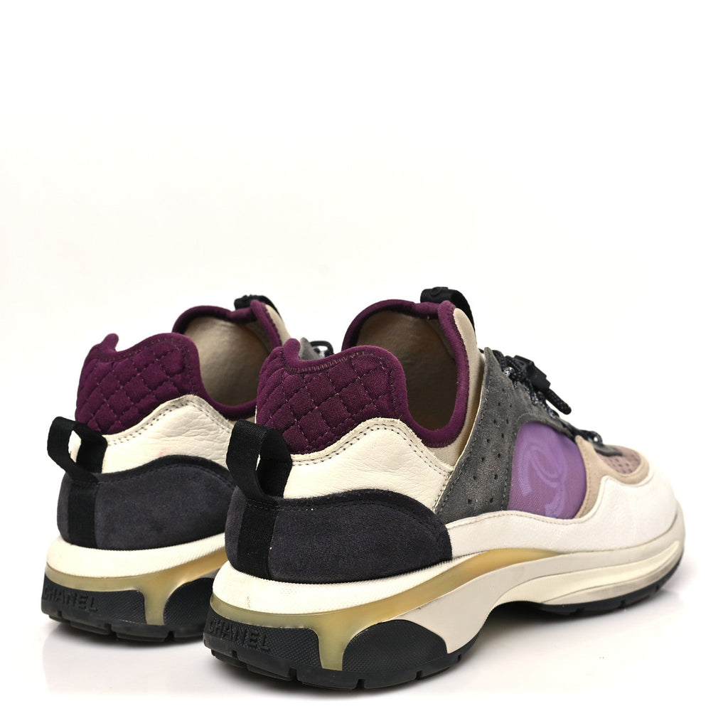 Chanel Fabric Suede Calfskin Mesh Women's CC Sneakers 42 White Grey Purple