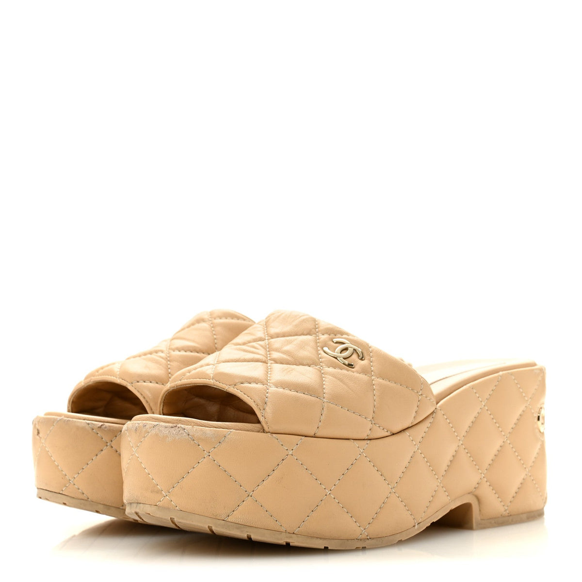 Chanel Lambskin Women's Quilted CC Wedge Mules 36 Beige