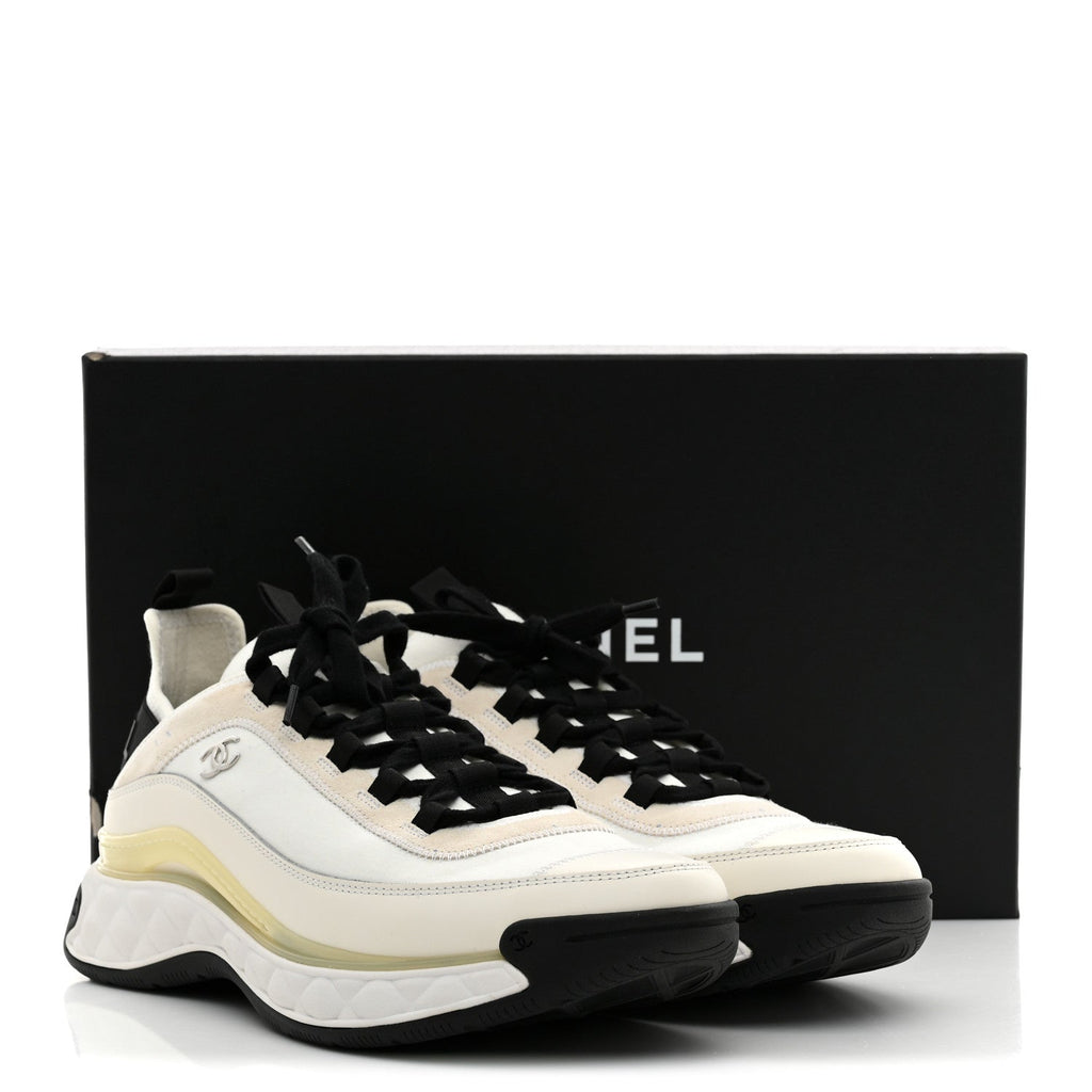 Chanel Velvet Calfskin Mixed Fibers Men's CC Sneakers 44 Ivory Black