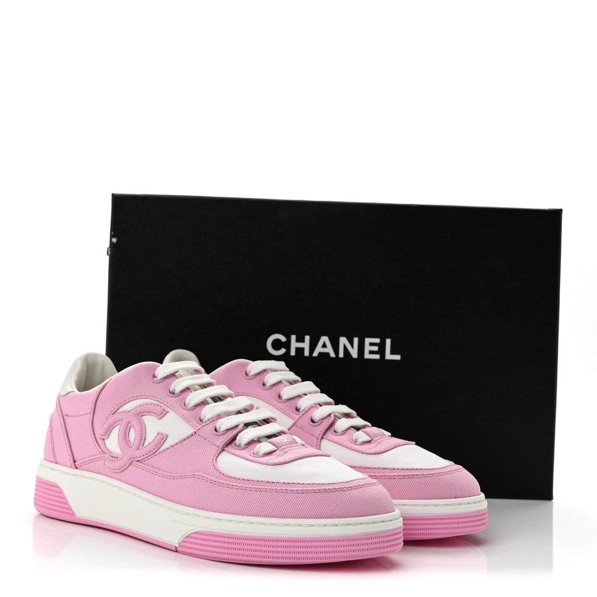 Chanel Cotton Calfskin Women's CC Sneakers 37.5 Pink White