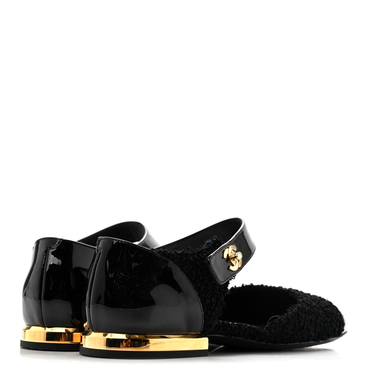 Chanel Tweed Patent Cap Toe CC Women's Ballerina Flats Black