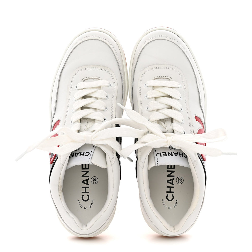 Chanel Calfskin Patent Women's CC Sneakers 38 White Black Red