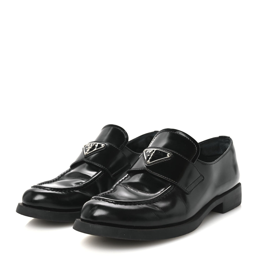 Prada Spazzolato Metal Triangle Logo 20mm Women's Loafers Black