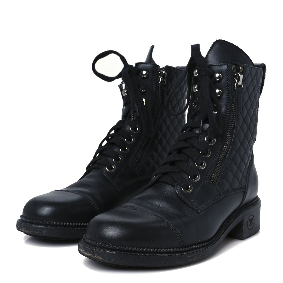 Chanel Calfskin Women's Quilted Lace Up Combat Boots 39 Black