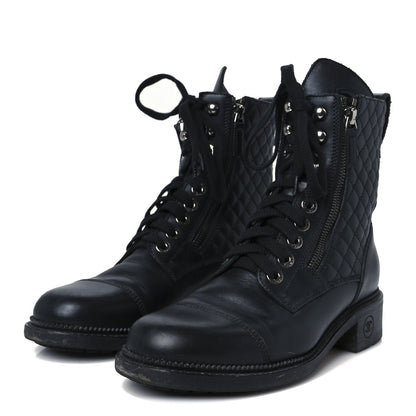 Chanel Calfskin Women's Quilted Lace Up Combat Boots 39 Black