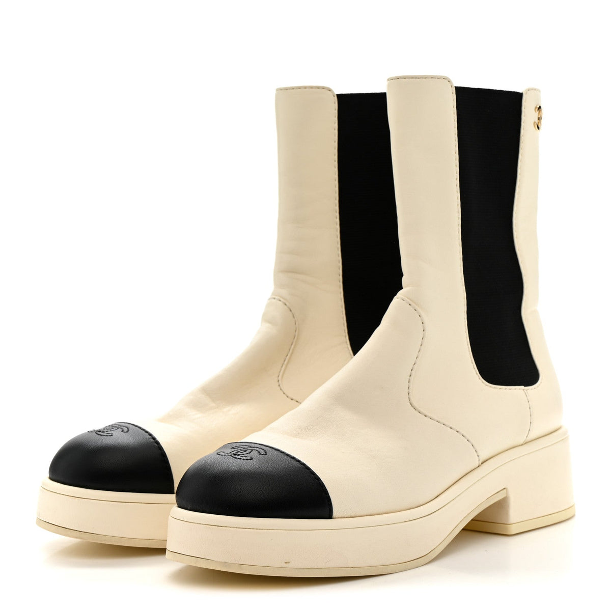 Chanel Patent Calfskin Cap Toe CC Women's Ankle Boots 39.5 White Black
