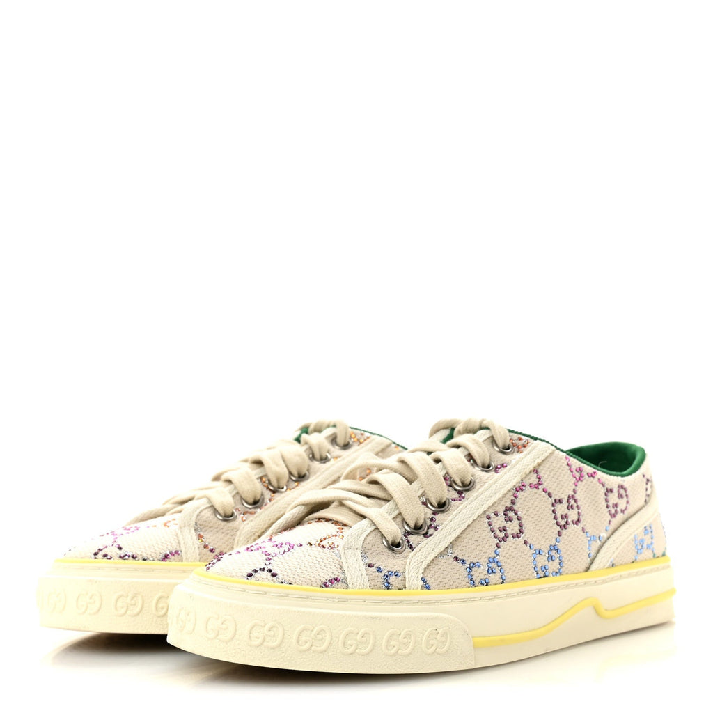 Gucci Canvas Lame Crystal Women's 1977 Tennis Sneakers 36 Gardenia Silver Mystic White