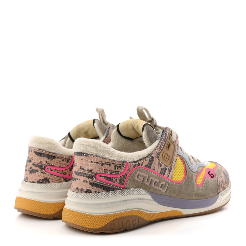 Gucci Suede Calfskin Tejus Printed Women's Ultrapace Sneakers 37.5 Pink Silver Oatmeal Yolk