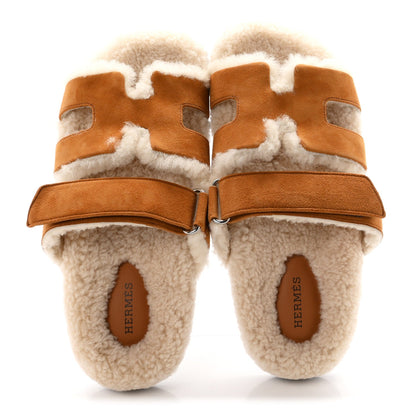 Hermes Suede Goatskin Woolskin Women's Chypre Sandals Naturel Ecru