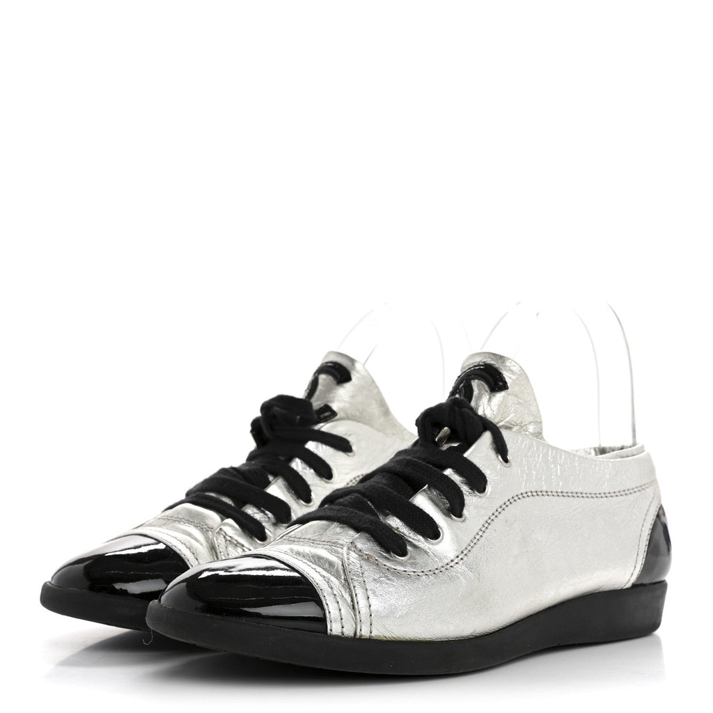 Chanel Metallic Lambskin Patent Cap Toe CC Women's Sneakers Silver Black