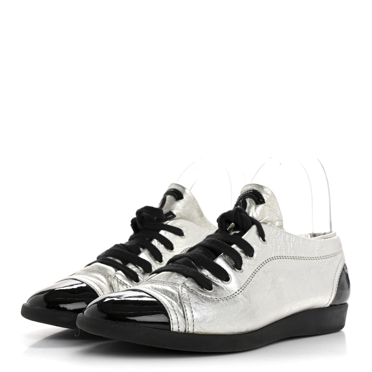 Chanel Metallic Lambskin Patent Cap Toe CC Women's Sneakers Silver Black