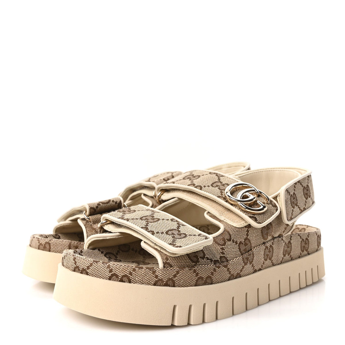 Gucci Canvas Suede Women's Double G Dad Sandals 37 Beige Ebony New Acero