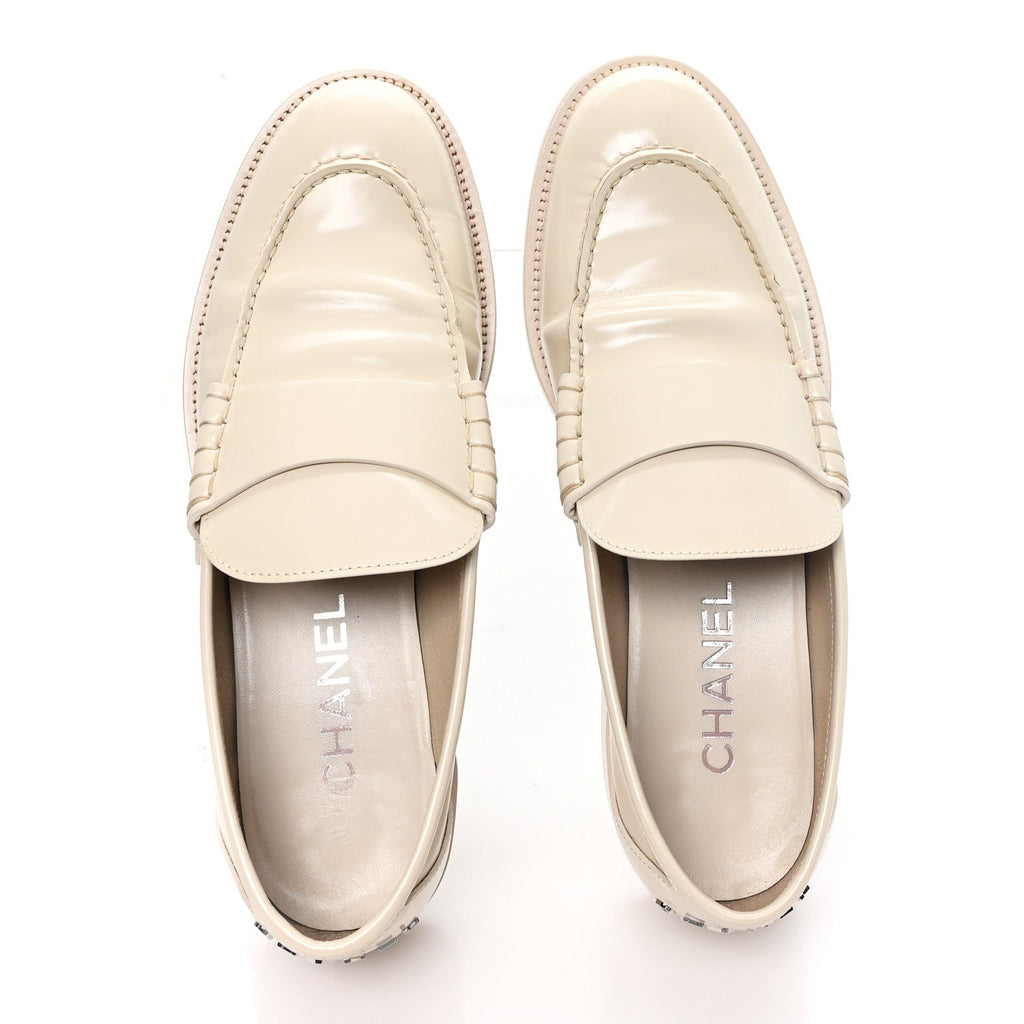 Chanel Shiny Calfskin Women's Logo Loafers 40 Light Beige