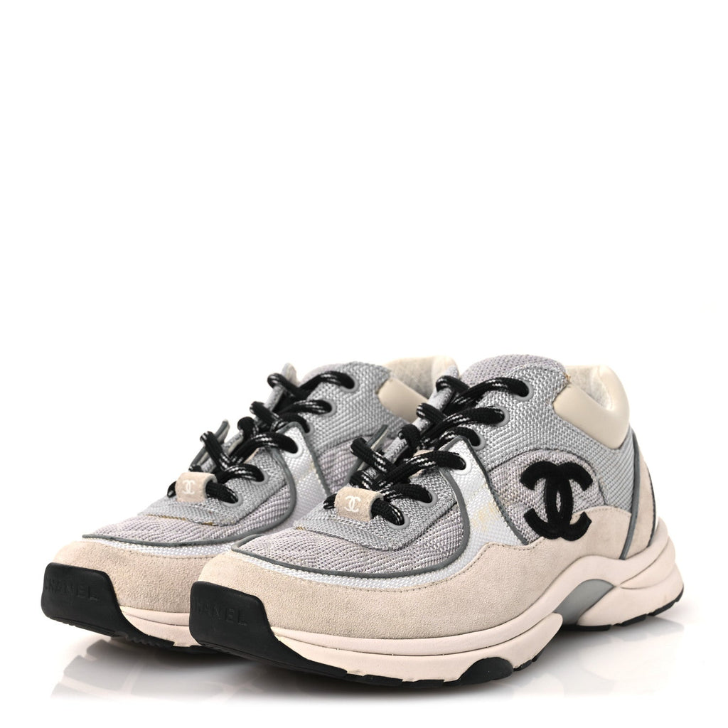 Chanel Mesh Suede Grained Calfskin Women's CC Sneakers 37 Grey White
