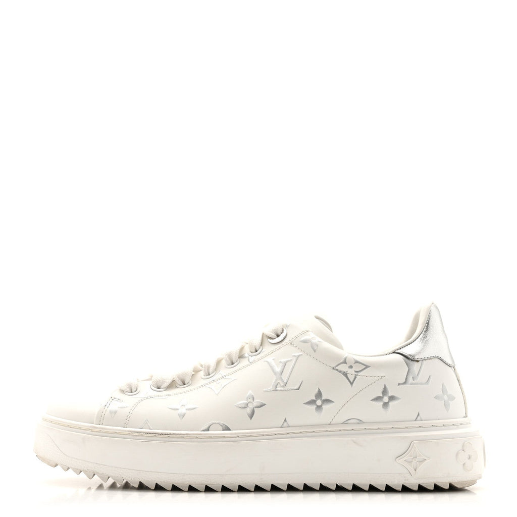 Louis Vuitton Calfskin Women's Monogram Debossed Time Out Sneakers 38 White Silver