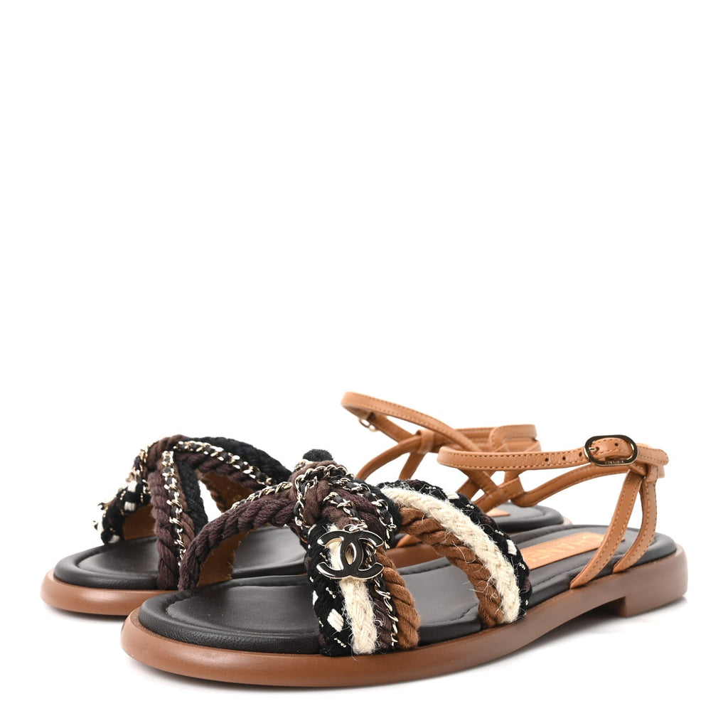 Chanel Lambskin Cord Chain CC Women's Sandals 37 Brown Black Ivory