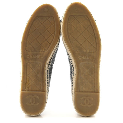Chanel Tweed Velvet Women's CC Espadrilles 38 Grey Black