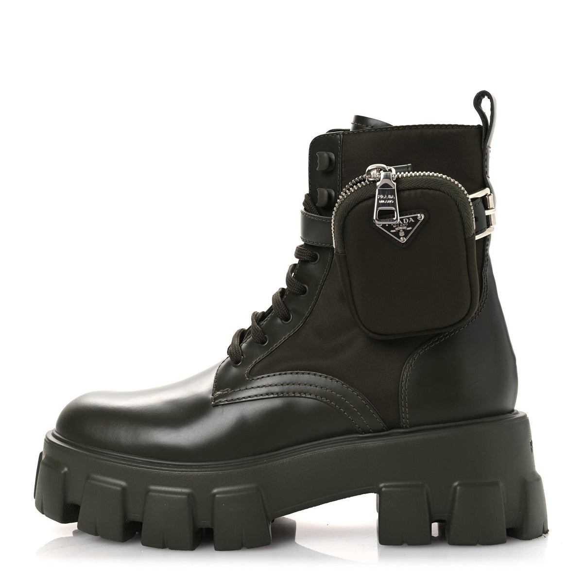 Prada Spazzolato Rois Re-Nylon Women's Monolith Boots 40 Militare