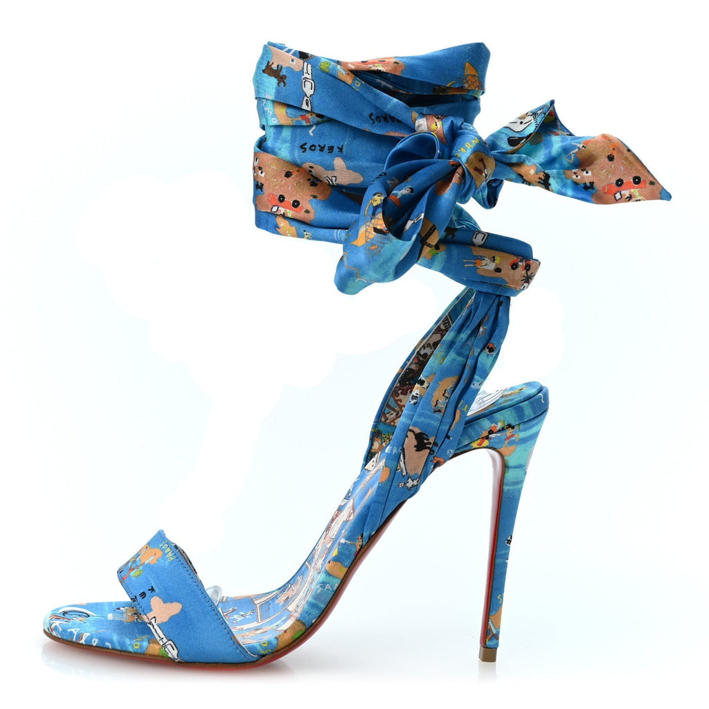 Christian Louboutin Crepe Satin Women's Greekaba Du Desert 100 Sandals 35 Blue Multicolor
