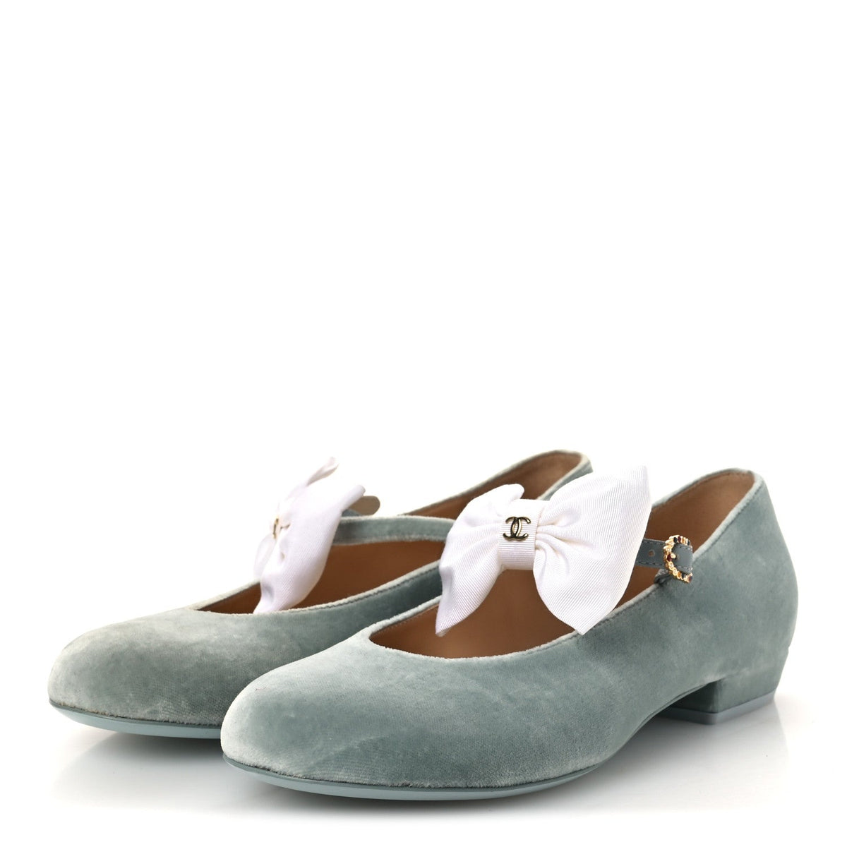 Chanel Velvet Grosgrain Bow Women's Mary Jane Flats 37.5 Light Green White