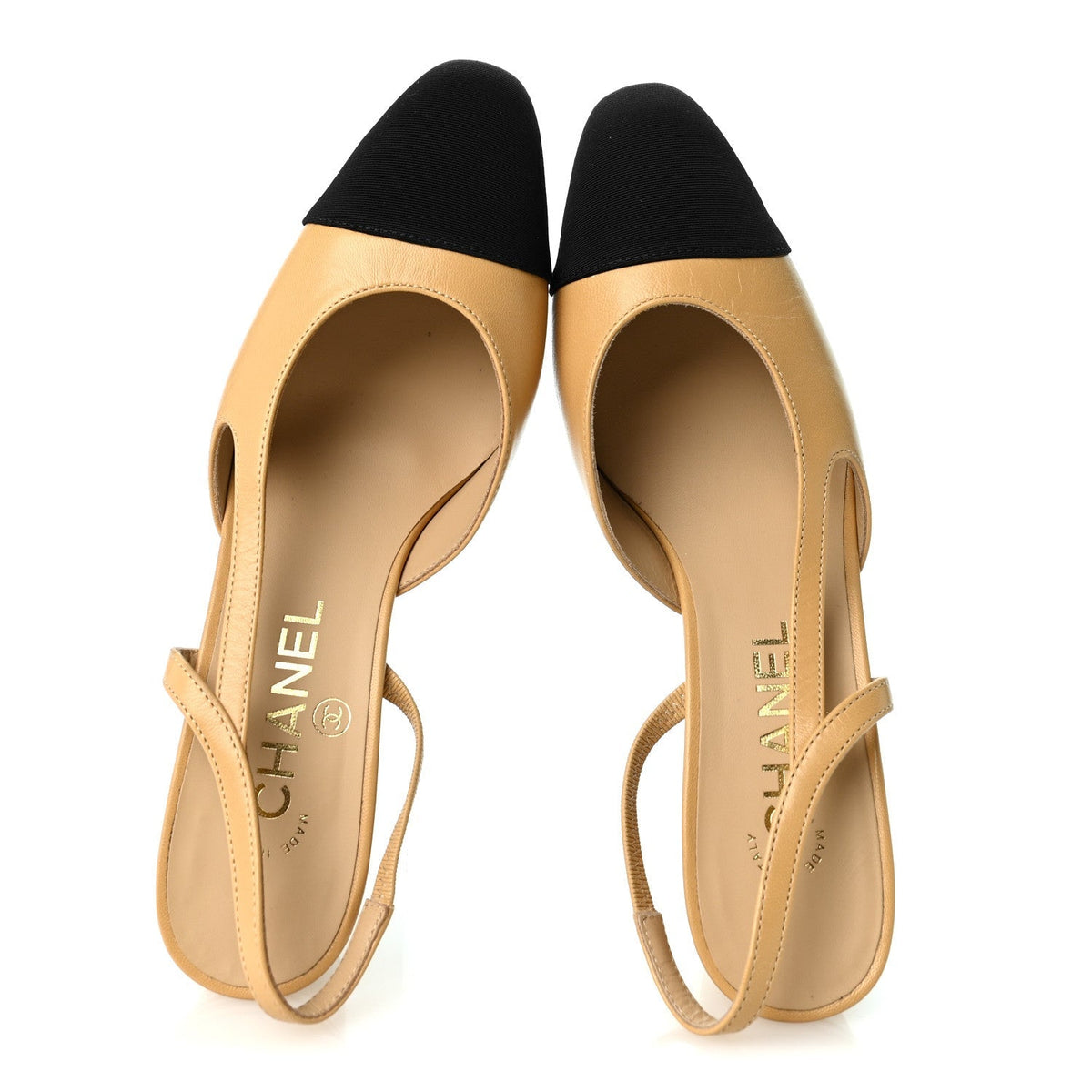Chanel Goatskin Grosgrain Women's Cap Toe CC Slingback Pumps 37 Beige Black