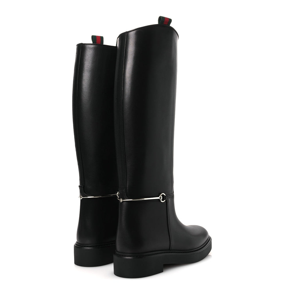 Gucci Shiny Calfskin Women's Michelangelo Slim Horsebit Riding Boots 38 Black