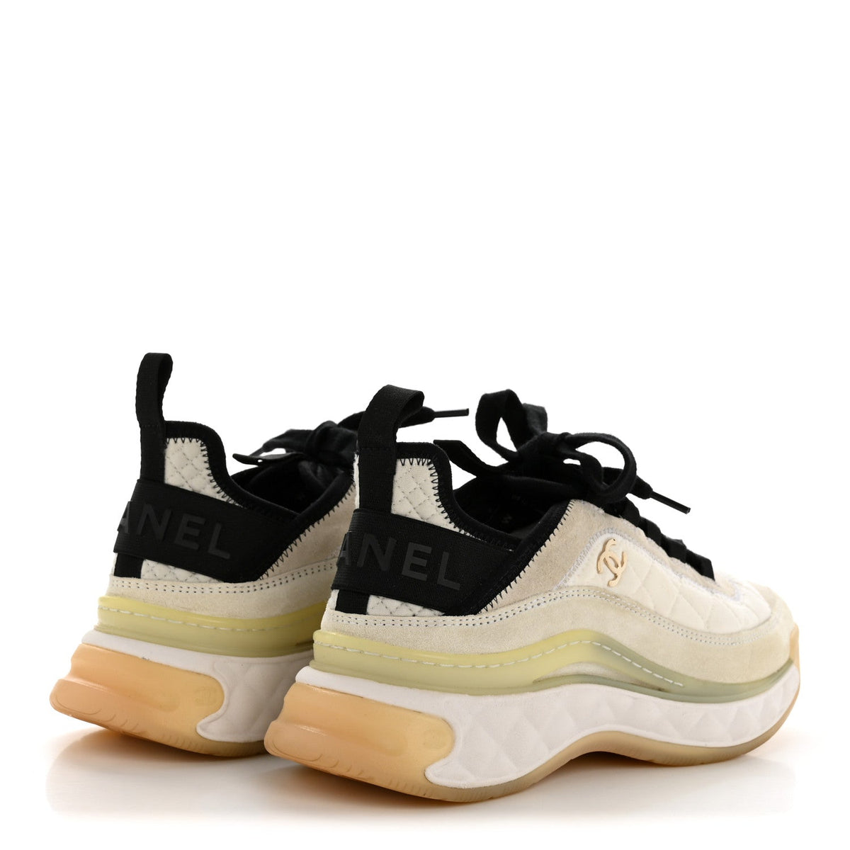 Chanel Fabric Suede Calfskin Women's CC Sneakers 37.5 White Ivory