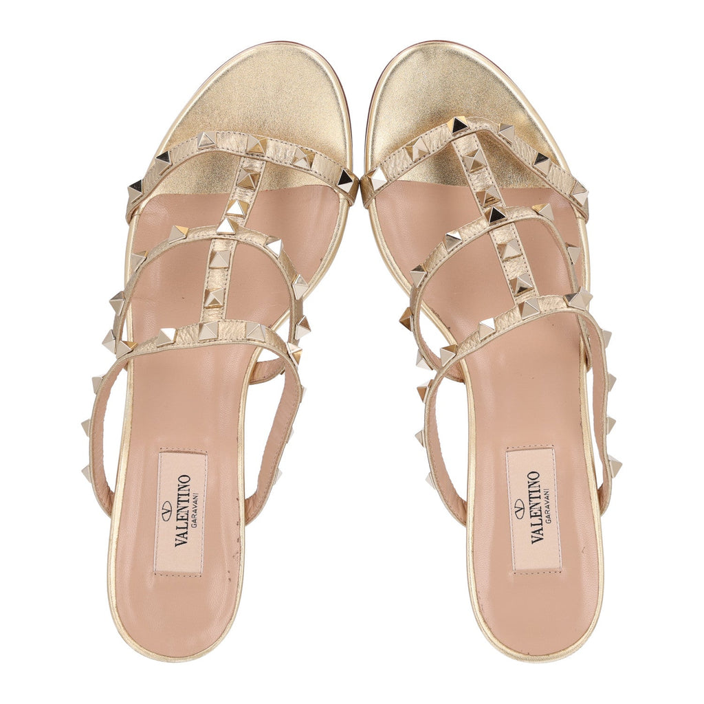 Valentino Garavani Metallic Pebbled Calfskin Women's Rockstud Caged Slide Sandals 40 Mekong