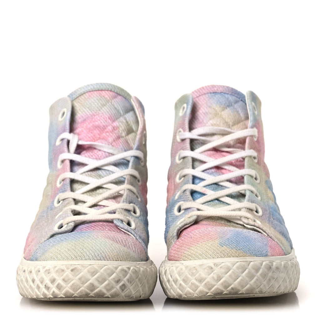 Chanel Printed Fabric Women's High Top CC Sneakers 39 Green Pink Blue White