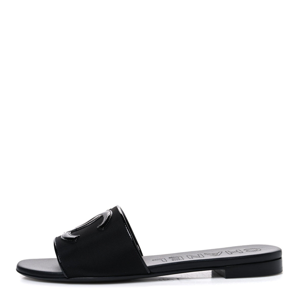 Chanel Mesh Patent Calfskin Women's CC Mules 39 Black
