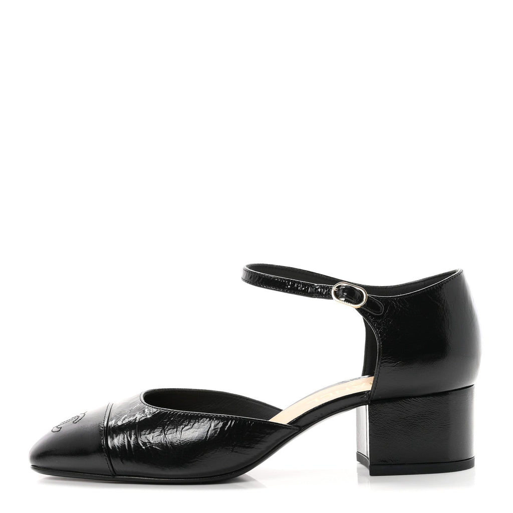 Chanel Glazed Crinkled Calfskin CC Cap Toe Mary Janes Women's Shoes