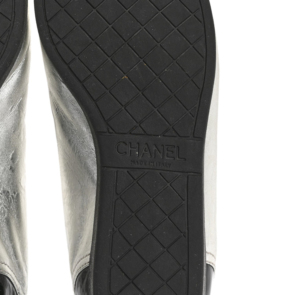 Chanel Metallic Lambskin Patent Cap Toe CC Women's Sneakers Silver Black