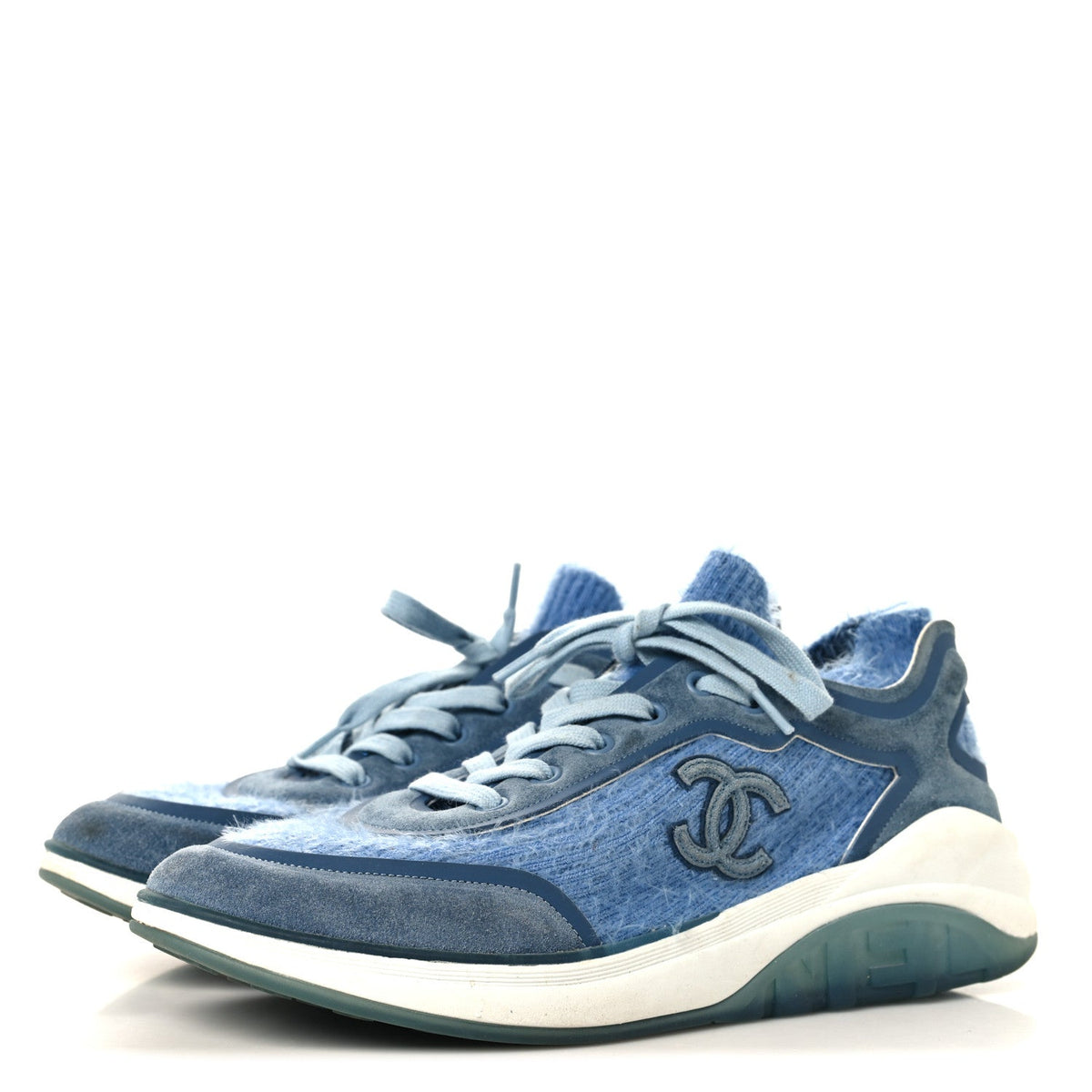Chanel Suede Calfskin Stretch Fabric CC Women's Sneakers 40.5 Light Blue