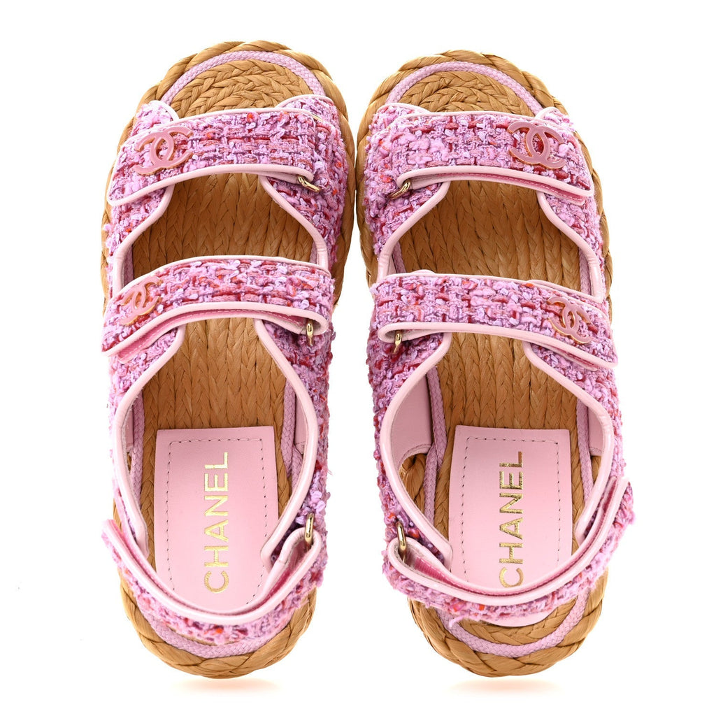 Chanel Tweed Patent Calfskin Women's Velcro Dad Sandals 38.5 Light Purple Pink Red