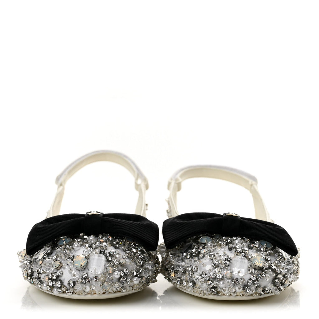 Chanel Satin Crystal Grosgrain Bow CC Slingback Women's Flats