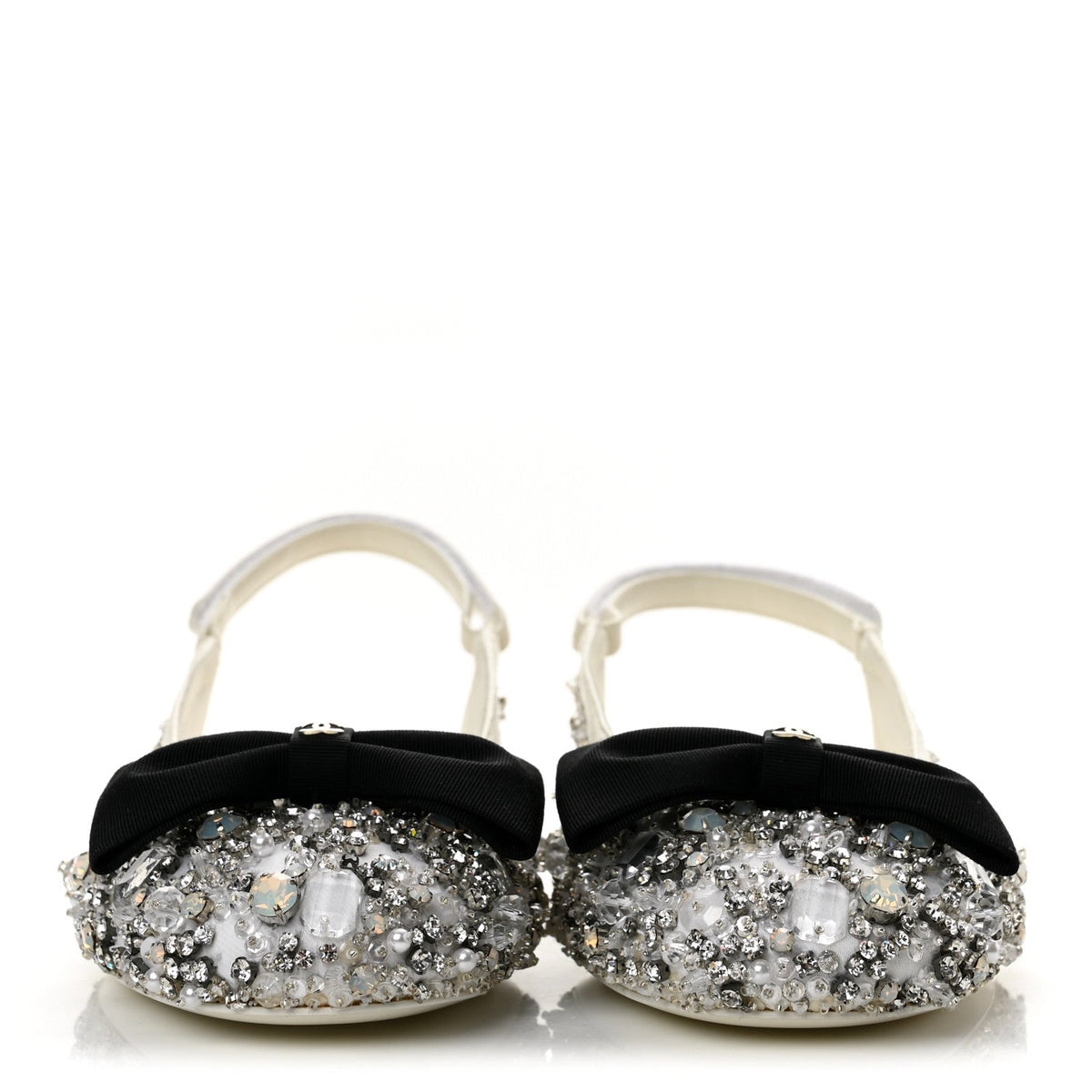 Chanel Satin Crystal Grosgrain Bow CC Slingback Women's Flats