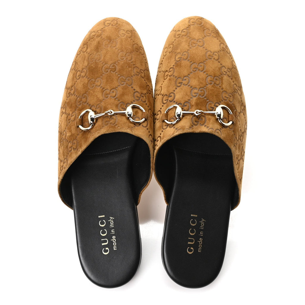 Gucci Suede Cachemire Men's Monogram Princetown Slippers 10 Pepper Brown