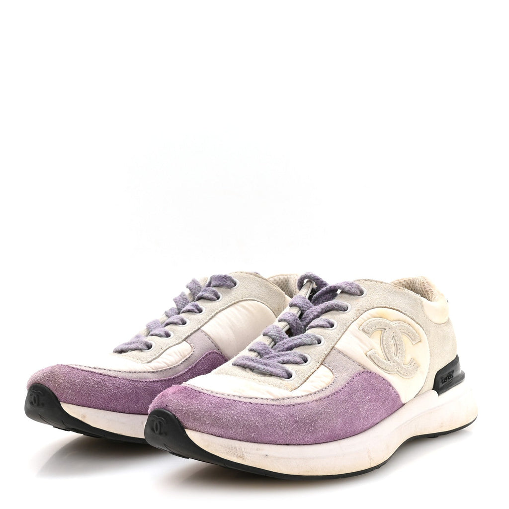 Chanel Nylon Calfskin Suede CC Women's Sneakers 36 White Light Grey Purple
