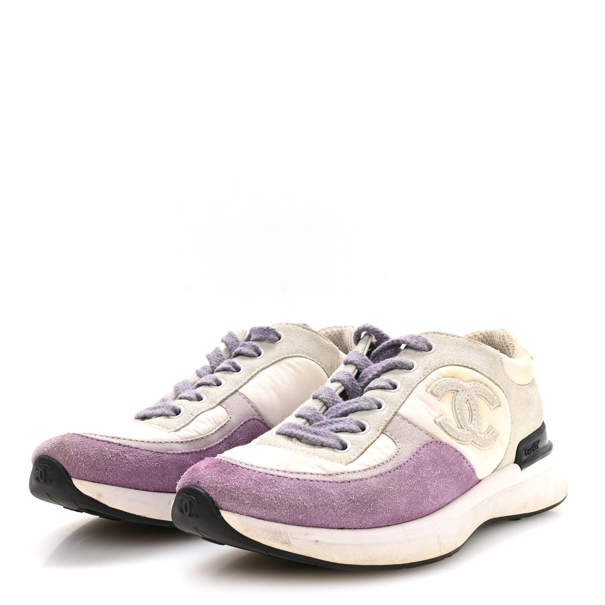 Chanel Nylon Calfskin Suede CC Women's Sneakers 36 White Light Grey Purple