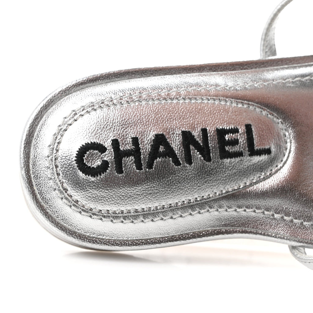 Chanel Laminated Lambskin Women's CC Sandals 36.5 Silver