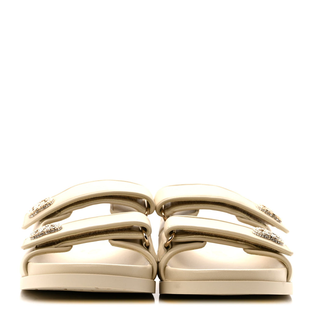Gucci Calfskin Double G Crystal Women's Isla Dad Sandals 39 Ivory
