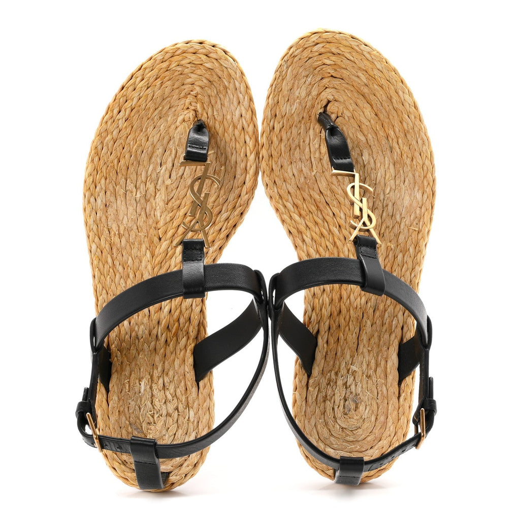 Saint Laurent Calfskin Raffia Cassandra Women's Sandals Black