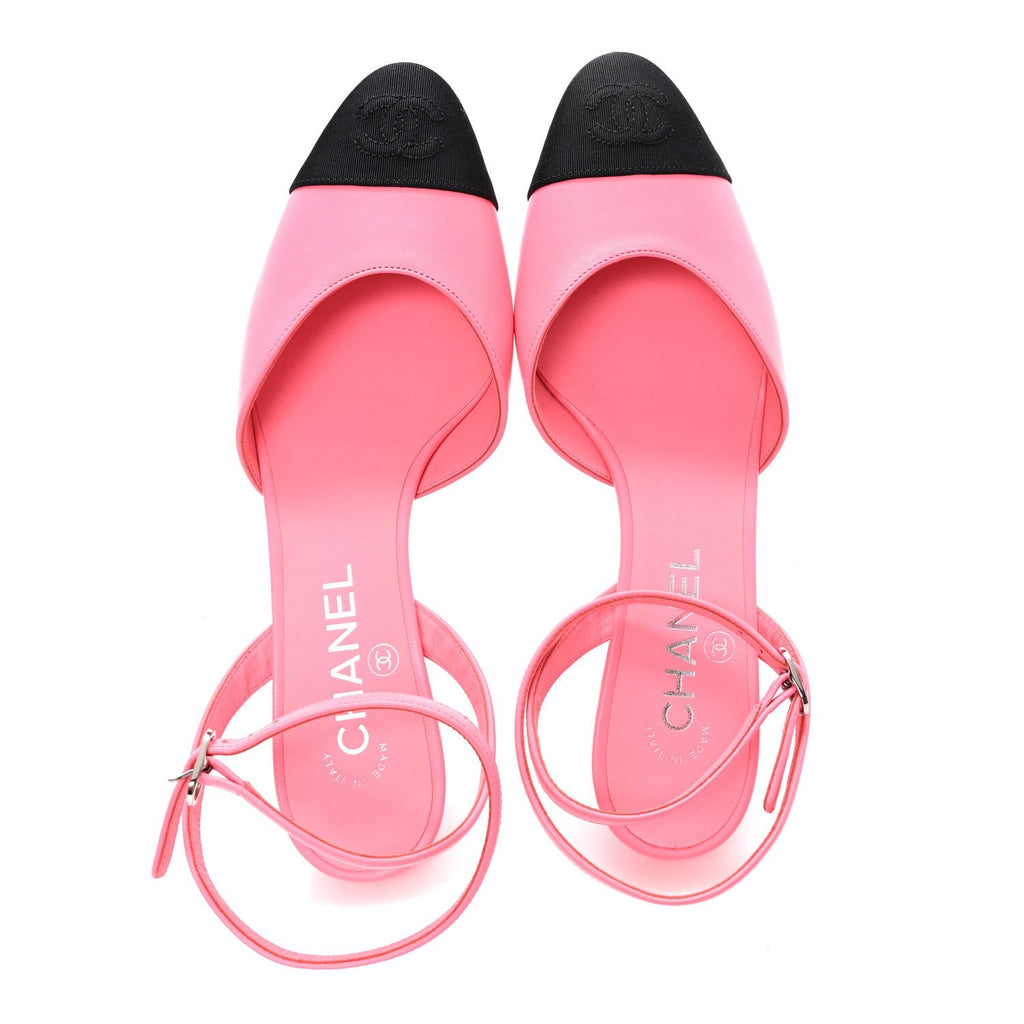 Chanel Lambskin Grosgrain Women's Cap Toe CC Slingback Pumps 37 Coral Black